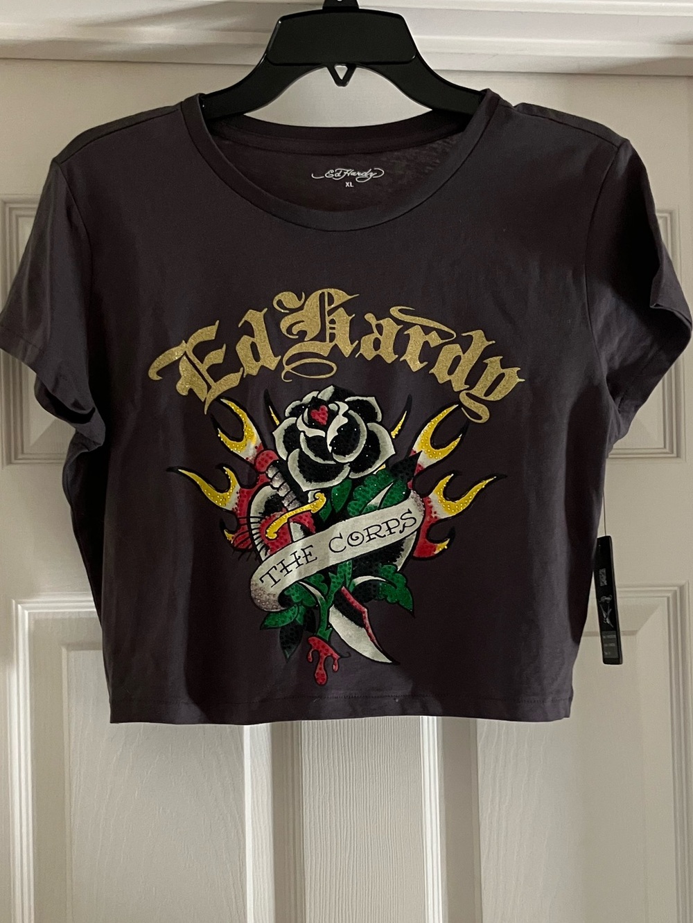 ED HARDY The Corps Rose Charcoal Glitter Rhinestone Cropped Baby Tee XL NEW NWT